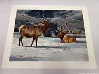 Full view of the elk print showing two main elk in snow with other elk in the distance, with artist's signature visible.
