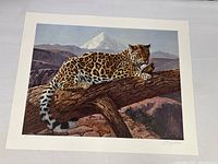 Full view of the art print showing the jaguar on tree branch with mountain background, signed by Gary Swanson.