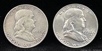 Obverse side of 1950 and 1958-D Franklin half dollar coins, front profile of Benjamin Franklin with year and inscriptions.