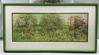 Full view of framed Raoul Dufy art print "Ascot" showing the entire scene of horses and people in a park with a green border and matching green frame.