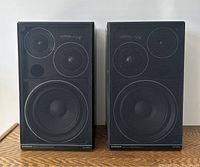 Front view of both Pioneer SV-707X speakers with mesh grilles attached, showing three driver positions and speaker cabinets.