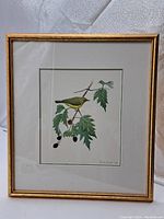 Full frontal view of framed watercolour painting showing bird on branch with berries and leaves in gold frame.