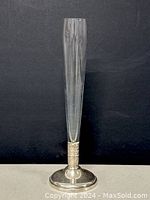 Front view of tall glass and sterling silver bud vase against black background showing elongated clear glass insertion and silver base.