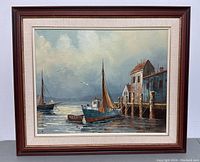 Full framed view of original Mary Botto painting showing harbor scene with boats and dock under cloudy sky.