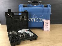 Blue Invicta hard storage case closed, with Magna Tools screwdriver set open in front showing bits and accessories