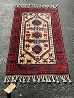 Full view of rug laid on pavement showing overall design, color and fringes