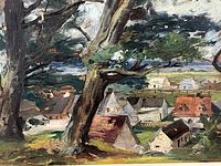 Close-up of tree trunks and village rooftops showing brushwork and color palette.