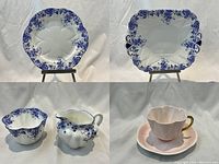 Composite image showing both Dainty Blue plates (round and rectangular), creamer, sugar bowl, and pink cup and saucer