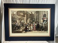 Full view of the very large hand coloured engraving mounted on a dark blue mat board, showing the entire scene with many figures in olden times setting.