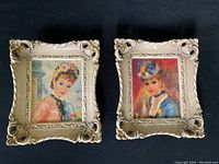 Front view of two framed prints depicting adolescent girls in 1950s-60s style with ornate white decorative frames