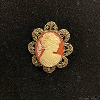 Front view of the vintage cameo brooch with detailed white profile on orange base and brass scalloped frame.