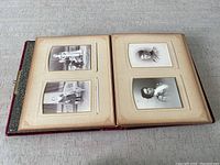 Open antique photo album showing vintage black and white photos mounted on decorative pages