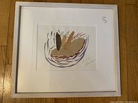 Framed mixed media abstract artwork by Dona Jacobson, showing design and signature.