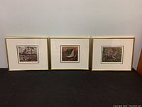 Three framed prints shown side by side with gold frames and mats.