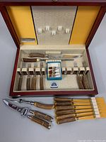 Full view of the set in case, showing knives, forks, poultry shears, corn picks, and carving utensils arranged inside.