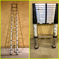 Full view of the ladder leaning extended against a wall, showing structure and step spacing.