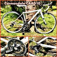 Collage image showing full side view of bike and component details