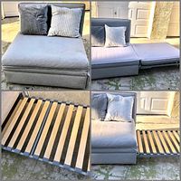 Four images showing the chair in seated position, unfolded into a bed, and close-up of the wooden slat frame mechanism.