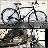 Side profile of the black Fairdale city bike showing the full frame, 28-inch wheels with Michelin Protek tires, and SRAM X3 7-speed gear system.