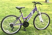 Side view of purple Roadmaster girls mountain bike on grass showing full bike profile including frame geometry and tires.