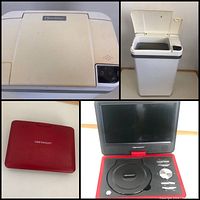 Top view of the trash can lid and side panel showing the motion sensor and control buttons. Bottom left shows the closed red portable DVD player. Bottom right shows open DVD player with control buttons and screen visible.
