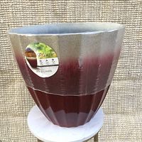 Photo showing large planter with maroon bottom and beige top, with brand label and care instructions sticker.