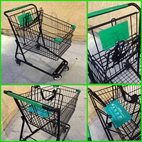 Multiple views of the 3/4 size black metal shopping cart with green handles showing overall condition and features.