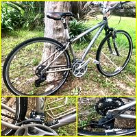 Two-angle photo showing the full side of the Trek MultiTrack 7100 bike on grass with a tree in background, close-up of Mega Drive crankset area with front derailleur and bottom bracket, close-up of rear derailleur and cassette with SRAM 3.0 label.