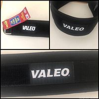Close-up shots of the black Valeo weightlifting belt showing the brand name and tag describing it as a low profile support belt in size small.