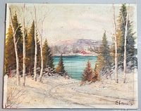 Full view of a winter landscape oil painting showing birch trees, evergreen trees, a lake, and a red house in the background.