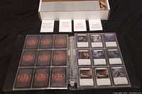Open binder displaying Flesh and Blood cards in sleeves, cards from multiple sets visible.