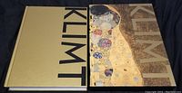 Gold hardcover slipcase with bold black 'KLIMT' text seen from front