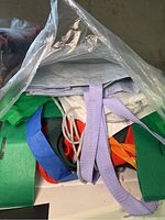 Photo shows a plastic bag containing different colored reusable fabric tote bags with varying handles.