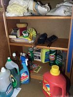 Photo of wooden shelving unit showing cleaning bottles such as Wisk detergent, Dawn dish soap, Comet cleaner, Simple Green cleaner spray, sponges, brushes, and metal box grater.