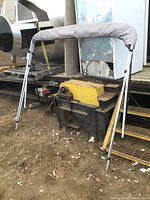 Front view of assembled bimini top standing upright on ground