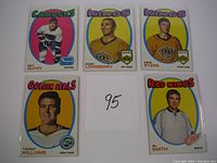 Six 1971-72 Topps Beauties hockey cards displayed with player images and team colors: Pat Quinn, Ross Lonsberry, Mike Byers, Tommy Williams, Al Smith.