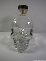 Front view of clear glass skull-shaped bottle with black cap and cork showing detailed facial features