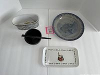 Top view showing all items in the lot including fish platter, rice bowl with chopsticks, planter, and Santa tray.