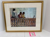 Original framed watercolor painting showing four figures on a wooden balustrade, side view.