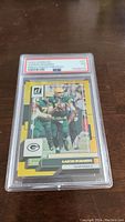 Front view of the 2022 Donruss Aaron Rodgers football card in PSA slab showing full card image.