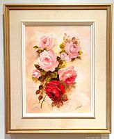 Framed oil on canvas painting featuring pink and red roses in a still life composition, overall view showing entire piece with vintage wooden frame.