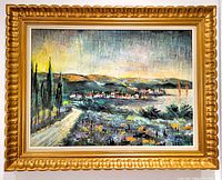 Framed oil on canvas landscape painting showing full artwork and frame.