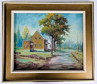 Frontal view of the oil painting in frame showing the yellow house, trees, and path with bright colors.