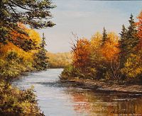 Close-up of the oil painting showing a river landscape with vibrant autumn foliage and blue sky.