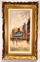 Frontal view of entire framed oil painting showing the scene and ornate gold wooden frame