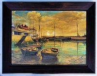 Front view of framed vintage oil painting showing harbor scene with boats and buildings under dramatic clouds.