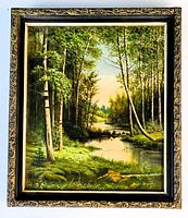 Front view of the oil on canvas landscape painting in the ornate carved wooden frame showing the full artwork and frame design.