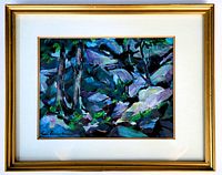 Front view of original acrylic painting by Sue Ecclestone titled 'Muskoka Magic', signed lower left, displayed in gold-toned frame with white matte.