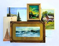 Collection of six works of art including framed antique George Howell print and five original paintings in various frames and sizes.