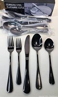 20 piece black stainless steel cutlery set with forks, knives, and spoons, all in plastic packaging and displayed with a box labeled 'Stainless Steel Flatware Cutlery Set' visible in the background.